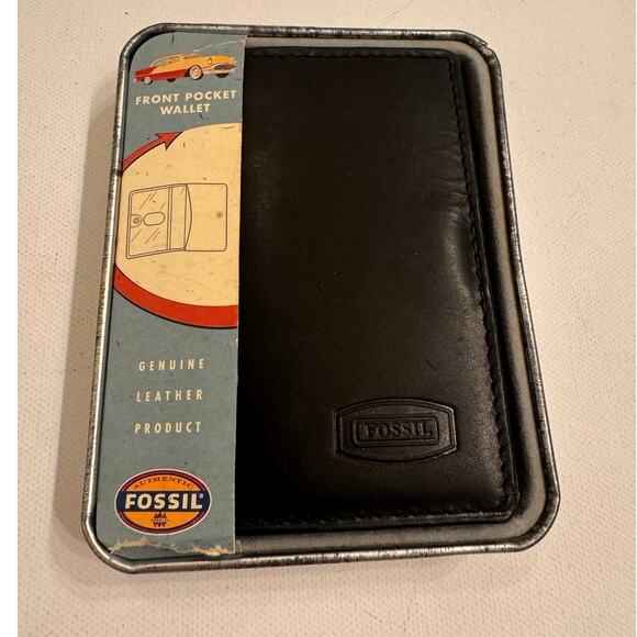 Vintage 1999 Black Fossil Front-Pocket Wallet New w/Tin Men's Bi-Fold - Picture 2 of 4